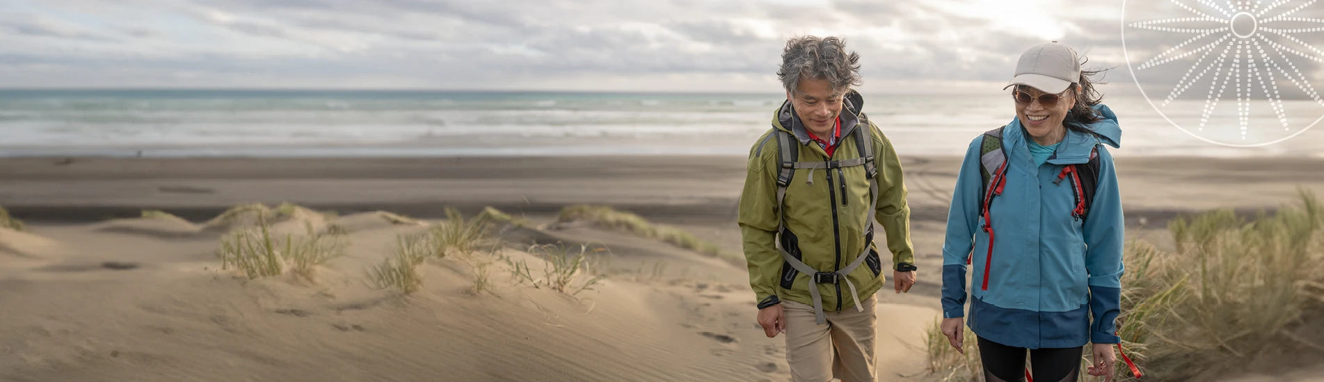 middle-aged couple in rain jackets walking on the beach